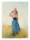 Woman and Child in a Meadow reproduction procédé giclée par Hector Caffieri