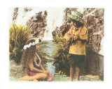 Hawaiian boy and girl at waterfall Lámina fotográfica por Himani