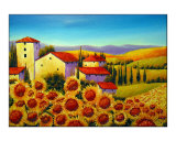 Tuscan Houses and Sunflowers Field Near Marina di Pisa Reproduction procédé giclée par Manuela Valenti