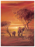 Sunset with Elephants Posters by Leon Wells