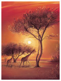 Sunset with Giraffes Prints by Leon Wells