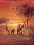 Sunset with Elephants Posters par Leon Wells
