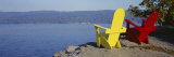 Red and Yellow Adirondack Chairs Near a Lake, Champlain Lake, Vermont, USA Photographic Print by Panoramic Images 