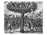 Indians in a Tree Hurling Projectiles at the Spanish Giclee Print by Theodor de Bry
