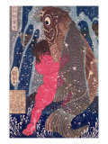 Kintoki Swims up the Waterfall Giclee Print by Utagawa Kuniyoshi