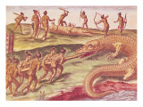 Hunting Crocodiles, from "Brevis Narratio...", Published by Theodore de Bry, 1591 reproduction procédé giclée par Theodor de Bry