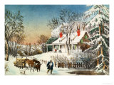 Bringing Home the Logs, Winter Landscape Giclee Print by Currier & Ives 