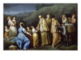 Young Girl Offering Eggs to a Group of Monks Giclee Print by Giuseppe Gambarini