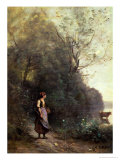 A Peasant Woman Grazing a Cow at the Edge of a Forest reproduction procédé giclée par Jean-Baptiste-Camille Corot