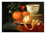 Still Life of an Orange, a Lemon and Strawberry on a Pewter Plate, a Wan-Li Bowl Behind Giclee Print by Elias Van Den Broeck