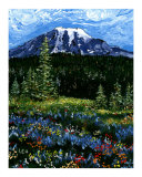 Mt Rainier Blue and Red Flowers Reproduction procédé giclée par Leone Ardo