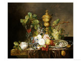 A Still Life with Roses, Carnations, an Iris, Grapes, a Silver Plate, Two Medalions Giclee Print by Emily Stannard
