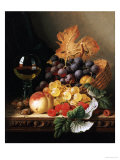 A Basket of Grapes, Raspberries, a Peach and a Wine Glass on a Table Giclee Print by Edward Ladell