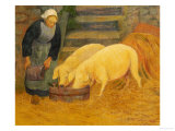 A Young Girl Feeding Two Pigs Giclee Print by Paul Serusier