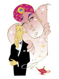 A Man in a Tuxedo Thinking as a Genie is Coming out of a Bottle Prints