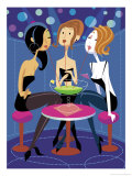 Three Women Sharing a Large Drink at a Bar Affiches