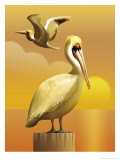 A View of Two Pelicans, One Standing on a Post and One Flying Posters