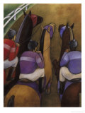 An Overhead Look at Three Horses Being Ridden by Jockeys in a Race Affiches