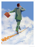 Businessman on Cellphone Walking a Tightrope Posters