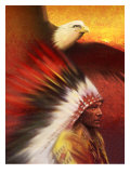 A Middle-Aged Adult Native American Male Wearing a Headdress with a Bald Eagle Flying Overhead Affiches