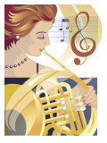 An Abstract of a Caucasian Female Symphony Musician Playing the French Horn Prints
