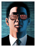 Man with Stock Market Ticker Reflected in Glasses Poster