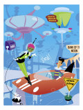 An Alien Woman Walking a Dog While Blowing a Kiss to a Man in a Car, in a Futuristic Space City Affiche