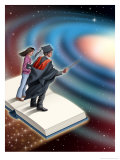 A Male Instructor and Female Student Standing on an Open Book That is Flying Through Space Pósters
