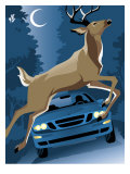 Deer Running in Front of a Car Prints
