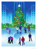 People Ice Skating by a Christmas Tree Prints