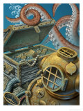 A Deep Sea Diving Suit, Treasure Chest, Compass and Octopus at the Bottom of the Ocean Láminas A Deep Sea Diving Suit, Treasure Chest, Compass and Octopus at the Bottom of the Ocean Láminas