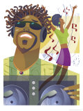 An Abstract of a African-American Male Hip-Hop DJ Holding a Turntable with Musical Notes Posters