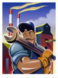Man Holding Wrench in Front of Factory, Labor Day Prints