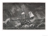 Kraken Attacking a Sailing Vessel During a Storm Giclee Print by E. Etherington