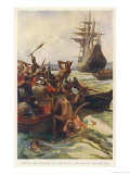Abel Tasman is Attacked by Native New Zealanders at Massacre Bay Giclee-trykk av Alec Ball