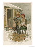 Two Girls Give the Robins Their Breakfast Giclee-trykk av Harriet M. Bennett