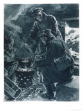 Innovative British Soldiers Use a German Steel Helmet as a Saucepan for Their Christmas Pudding Giclee Print by Samuel Begg