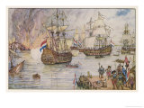 Dutch Fleet Commanded by De Ruiter Sails up the Thames and Burns English Shipping in the Medway reproduction procédé giclée par Henry Justice Ford