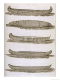 Varieties of Native American Canoe, 1 to 4 are Used by the Chippeway People 5 by the Dakota People reproduction procédé giclée par S. Eastman