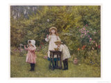 Three Smocked Youngsters Blow Bubbles from a Dish of Soap Suds Giclee Print by Helen Allingham