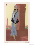 Lucien Lelong Grey-Blue Coat with Geometric Panels Flaring Hem and Deep Cuffs Giclee Print by Leon Benigni Lucien Lelong Grey-Blue Coat with Geometric Panels Flaring Hem and Deep Cuffs Giclee Print by Leon Benigni