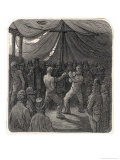 Two Fighters Slug It out in the Gloomy Interior of a Tent Watched by a Small Crowd of Londoners Giclee Print by Gustave Doré