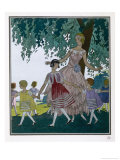 Woman: Summer Dress with Gathered Triple-Skirt with Scallop Edges off the Shoulder Corsage Giclee-trykk av Pierre Brissaud