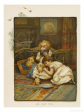 Two Children Play with Four Puppies While Their Mother Watches Nervously Giclee-trykk av Harriett T. Bennett