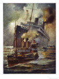 Torpedoed Passenger Steamship is Assisted into Port by Tugs Giclee Print by Charles J. De Lacy