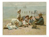 Children Sitting on the Beach Listening to Stories Giclee Print by A.w. Rossi