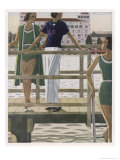 Women on a Jetty Wear Green Bathing Costumes with Black and White Trim Giclée-Druck von Pierre Mourgue