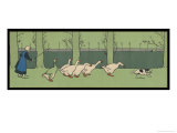 Goose Girl Wearing Clogs and Six Geese Led by a Dog in an Autumn Landscape reproduction procédé giclée par Cecil Aldin