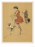 Young Woman in a Red Swimsuit with Her White Bulldog on the Beach Giclee Print by Cecil Aldin