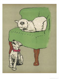 White Cat Relaxes on a Comfy Chair While a White Puppy Tries to Pull His Irritating Collar Off reproduction procédé giclée par Cecil Aldin